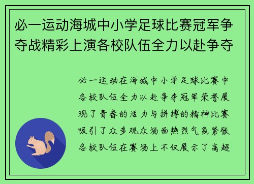 必一运动海城中小学足球比赛冠军争夺战精彩上演各校队伍全力以赴争夺荣誉